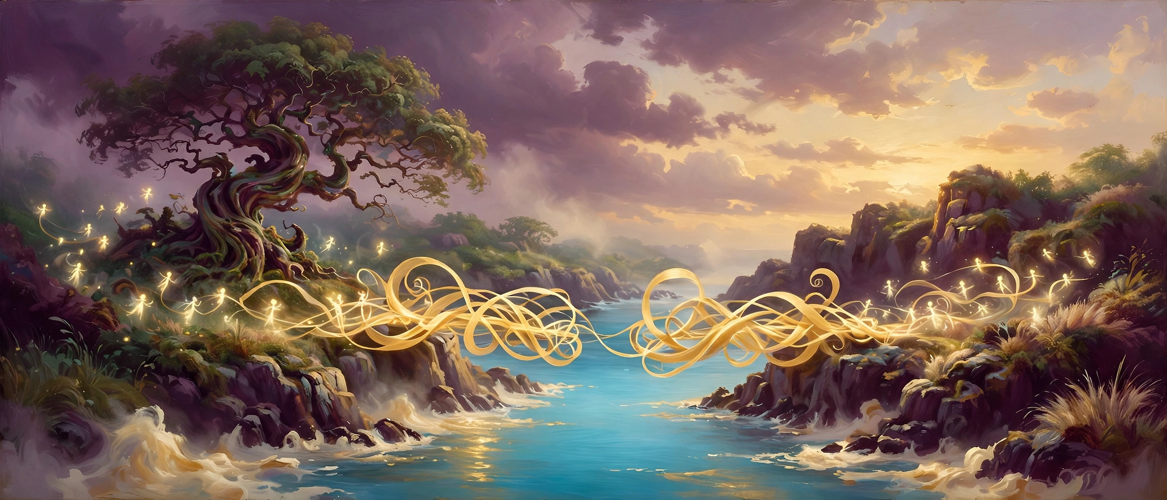An island at dawn: two shores, and between them a bridge of golden ribbons of language being woven by small lights